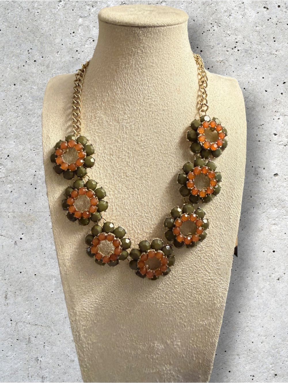 Gold-Chain Floral Necklace in Orange and Olive